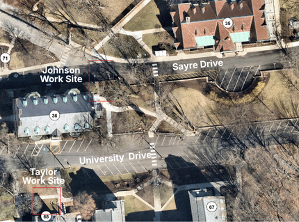 An aerial view of campus indicating the location of work to be performed by UGI at Taylor House and Johnson Hall