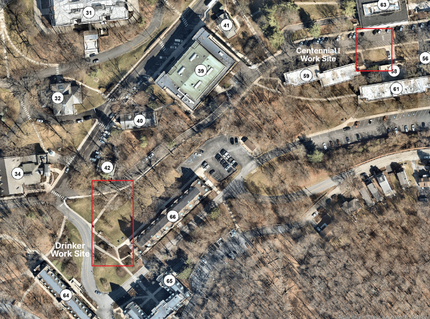 An aerial view of campus indicating the location of work to be performed by UGI at Centennial I and Drinker Halls