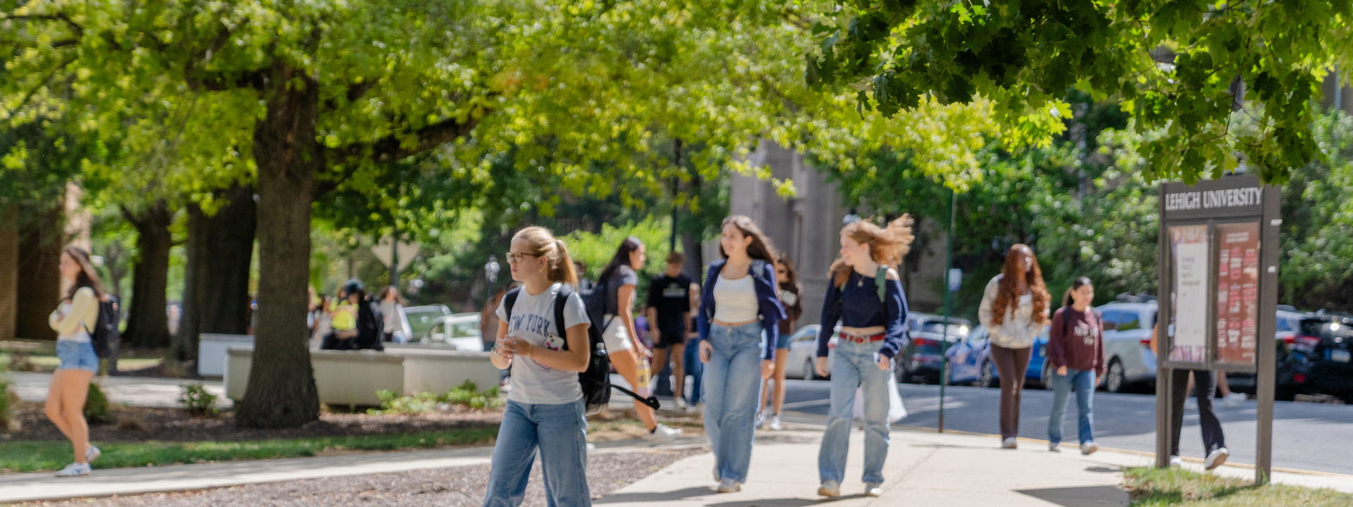 Students walking in a tree filled area of campus